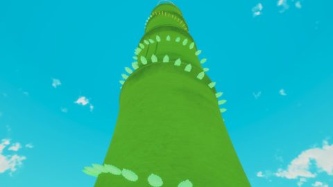 Ein hoher grüner Turm mit spiralförmig angeordneten Blättern als Sprungplattformen.