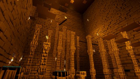 Ein von Fackeln beleuchtetes Dungeon mit hohen Steinsäulen.
